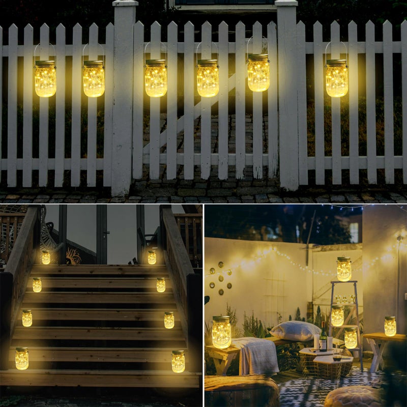 SmilingTown Solar Mason Jar Lights 10 Pack 20 LED Waterproof Outdoor Fairy Firefly String Light Lids with 10 Hangers Rust Resist for Patio Lawn Garden Wedding Lantern Decor No Jars (Warm White) - Image 2